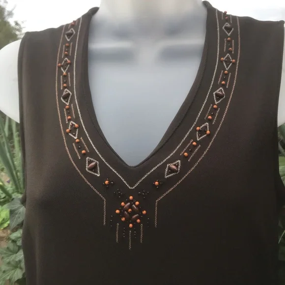 Loft - Lovely brown midi v-neck dress with beads neck, Size S - Picture 3 of 4